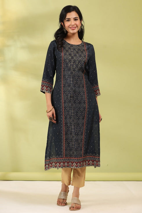 Women Teal Digital Printed Mirror Work Straight Kurta
